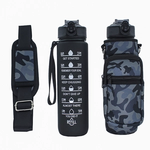 Detail of SBR neoprene sleeve with camo pattern and adjustable shoulder strap for water bottle