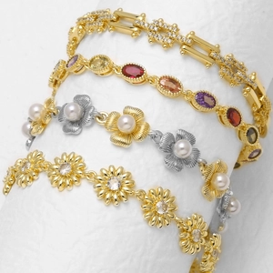 Flower Daisy Artificial Pearl Multi Color Gemstones Copper Bracelet 18K Gold Plated Zircon Adjustable Elegant Jewelry Women