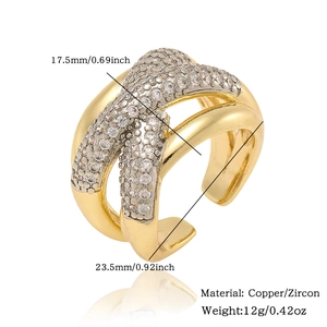 Detail view of gold geometric zircon ring with size and material specifications