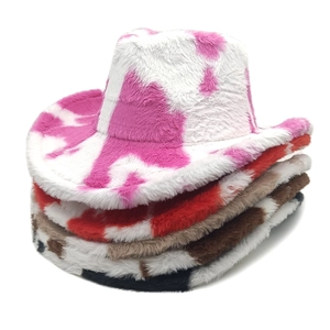 Cappello Da Cowboy Occidentale Con Stampa Muccata Peluche Pelliccia Sintetica Tesa Larga Ispessito Caldo Inverno Moda Accessori Per Donna Festa