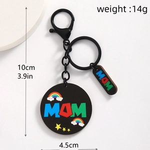 Detail view of Mom keychain showing black round charm, measurements, and 14g weight spec