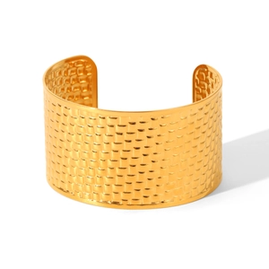Polished gold wide cuff bracelet with woven texture pattern on stainless steel