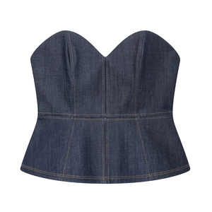 Women Denim Strapless Tube Top Bustier Sweetheart Neck Contrast Stitching Peplum Back Zipper Dark Blue Sexy