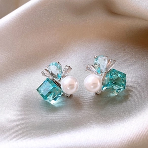 Orecchini A Lobo Con Zirconia Cubica Quadrata Blu E Perla Artificial Sintetica Con Perno In Argento Gioielli Geometrici Eleganti Da Donna