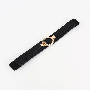 Detail of black elastic belt featuring golden metal interlocking buckle and fine stitching