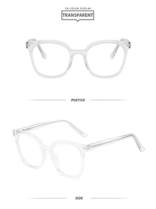 Front and side view of transparent TR90 square frame glasses with anti-blue light lenses