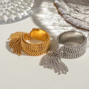 Beaded tassel open ring in gold and silver stainless steel with elegant light luxury design