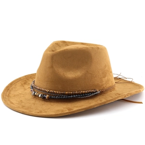 Bohemian suede cowboy hat in tan brown with ethnic beads and metal chain trim