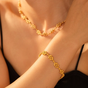 18k gold plated ball chain jewelry set with minimalist flower petal bracelet and necklace