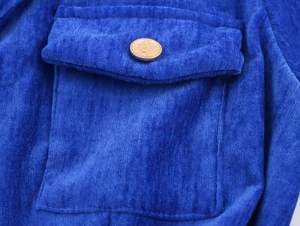 Dettaglio del velluto a coste blu reale con un bottone dorato vintage sulla tasca
