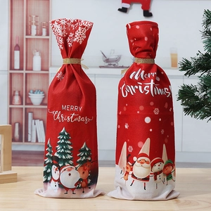 Christmas Wine Bottle Cover Red Fabric Gift Bag Merry Christmas Santa Print Holiday Dining Table Decoration