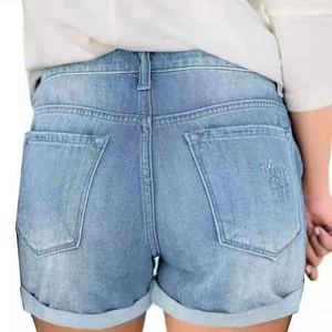 Back view of light blue distressed denim shorts for women with raw hem and pockets