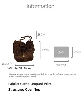 Size chart for leopard print suede tote bag with dimensions and A4 paper comparison