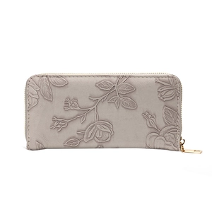 Elegant long zipper wallet with embossed floral rose pattern in light grey finish