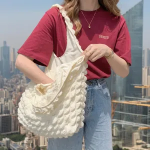 Women Popcorn Texture Tote Shoulder Bag Polyester Large Capacity Soft Bubble Fabric Casual Korean Style Cute Handbag