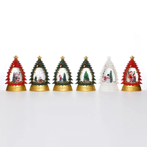 Christmas tree snow globes with Santa and snowman figures on golden bases set of six