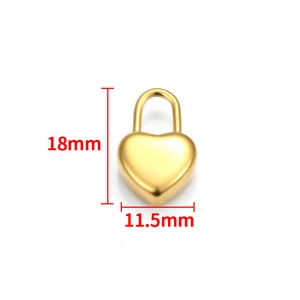 Detailed view of heart-shaped gold padlock pendant with 18mm by 11.5mm size markings