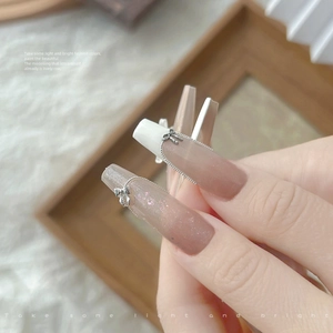 Pink gradient square press-on nails with silver alloy bows and chain decorations