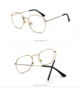 Vistas detalladas de gafas de metal dorado irregular que muestran perspectivas de 90 y 180 grados