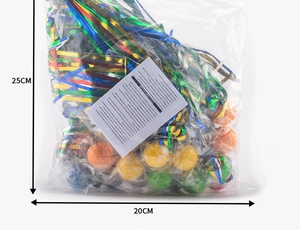 Package detail showing colorful tinsel bouncy balls in 25x20cm transparent plastic wrap