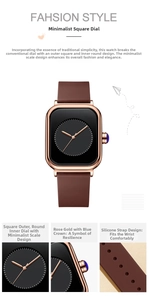 Detail showing the square rose gold case with a blue gem crown and brown silicone strap