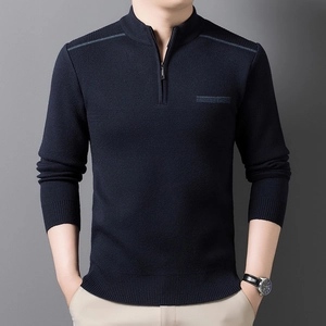 Men's navy blue half-zip turtleneck knit sweater with a sophisticated ribbed texture