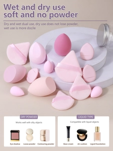 Detail of multi-shape pink makeup sponges showing micro-pore texture and ribbon strap