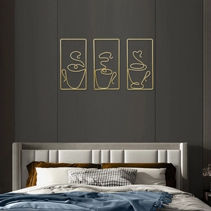 Set of 3 minimalist gold wire abstract coffee cup metal wall art for modern home decor
