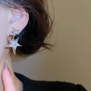 Macro shot of silver star earrings with brilliant zircon stones worn by a model