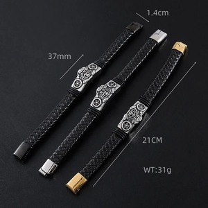 Men's leather braided motorcycle bracelet in black, silver, and gold metal buckle styles