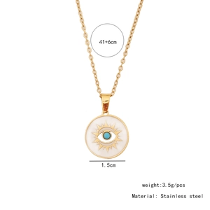Detail of evil eye pendant with 3.5g weight and stainless steel chain length specs