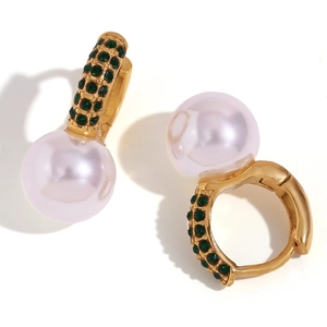 Retro 18K gold plated earrings with large pearl drop and inlaid green gemstones