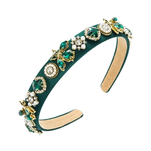 Luxury dark green satin headband with crystal bees, faux pearls and emerald rhinestones
