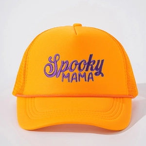 Close-up of Spooky MAMA purple embroidery on an orange mesh trucker hat with rope detail