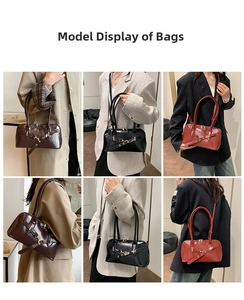 Detailed views of vintage glossy leather shoulder bags worn by models in various colors