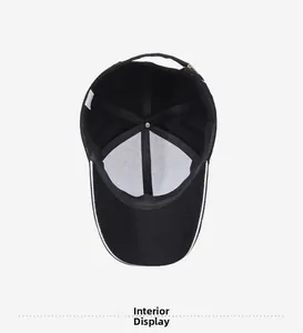 Internal view of a black cotton baseball cap showing white lining and stitching details