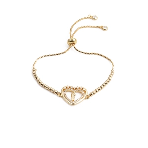 Detail of adjustable gold heart bracelet with micro-p鑲 zircon and religious icon