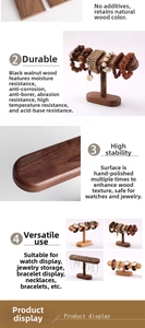 Detailed view of polished walnut wood T-bar display stand for watches and jewelry