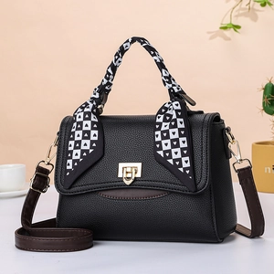 Women Litchi Pattern PU Leather Handbag With Satin Scarf Wrapped Handle Golden Lock Adjustable Shoulder Strap Crossbody Bag