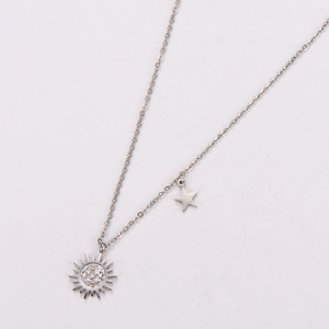 Silver stainless steel sunflower pendant necklace with a small star charm and stones