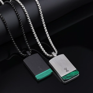 Modern stainless steel pendant necklaces with malachite inlay and cross-arrow engraving