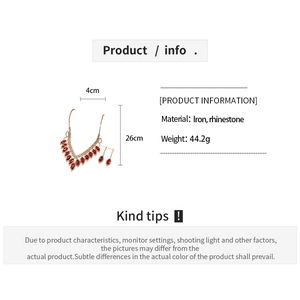 Detailed size and weight specs for red rhinestone fringe necklace and earrings set