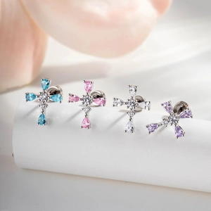Titanium Steel Copper Zircon Cross Ear Cartilage Stud Screw Back Piercing Chic Niche Teardrop Inlaid Unisex Jewelry