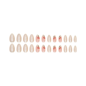 24pcs almond french fake nails set with glitter tips and red cherry patterns
