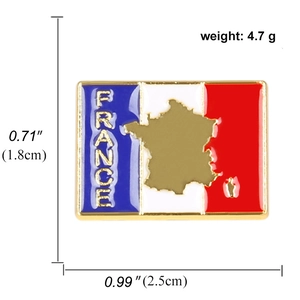 Detailed view of France flag badge dimensions 0.99x0.71 inches weighing 4.7 grams