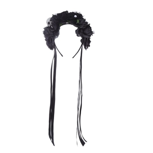 Gothic Halloween headband with black roses, white pearls and small skull accents