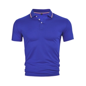 Detail of royal blue polo shirt collar with red and white stripes and knit texture