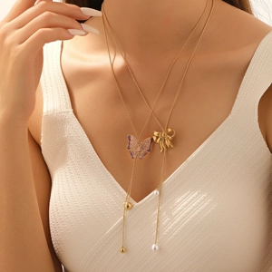 Elegant gold plated stainless steel necklace with pink purple enamel butterfly pendant