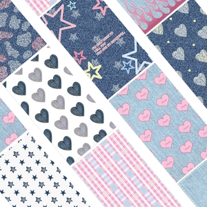 Detail of waterproof phone stickers featuring denim textures and various patterns