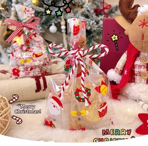 Christmas clear gift bag with festive Santa patterns filled with cookies in a cozy holiday setting